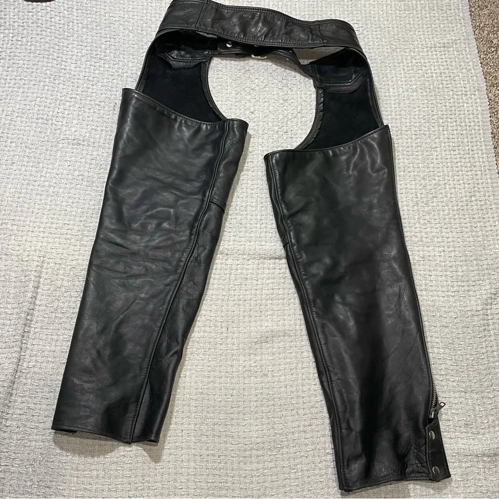 Vintage California Creations Black Leather Chaps Riding Pants Motorcycle Mens L